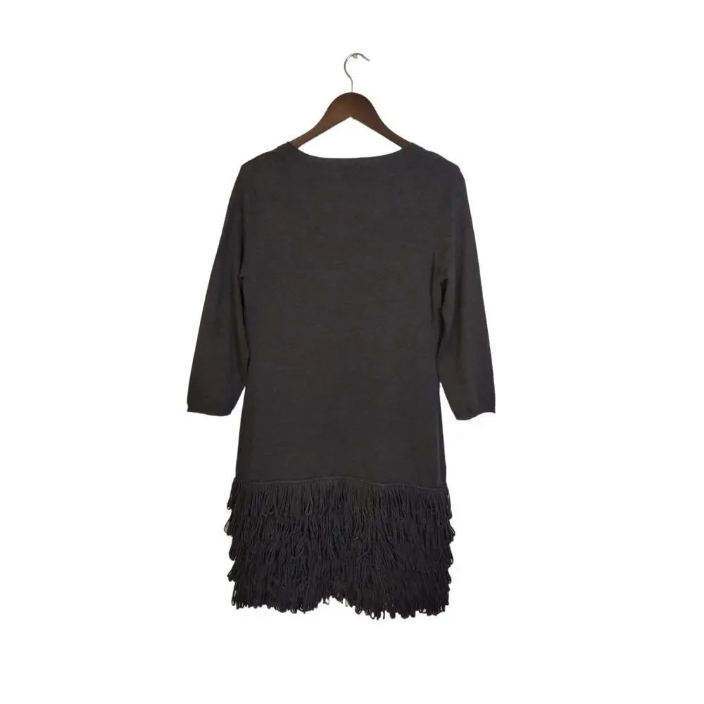 Calvin Klein Gray Charcoal Knit Sweater 3/4 Sleeve Tiered Fringed Hem Dress‎ L